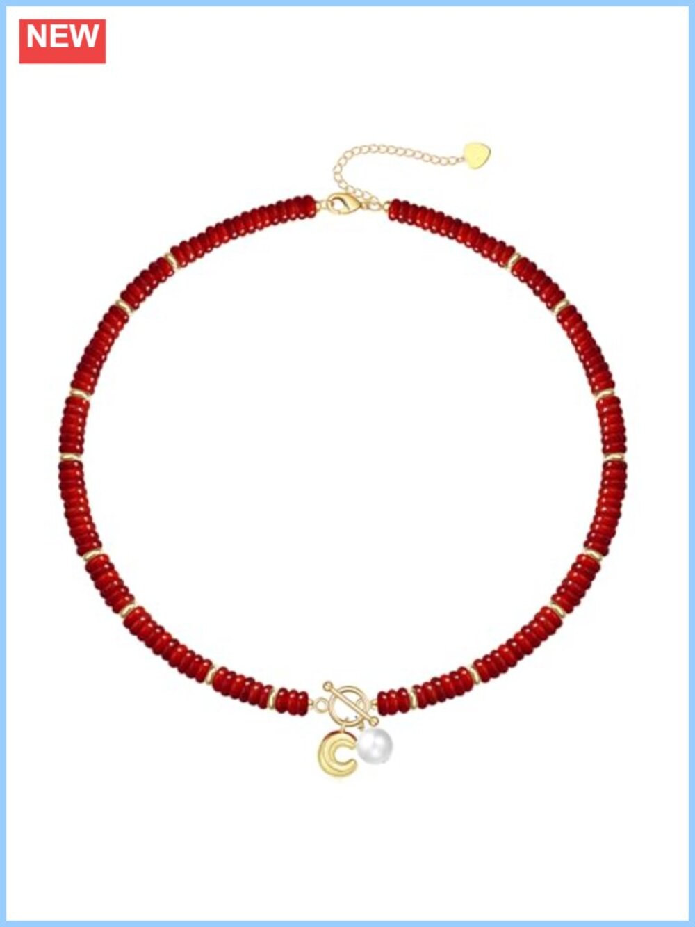 Initial Necklace Gold Plated Red Agate Beaded Pendant Adjustable Gift for Her